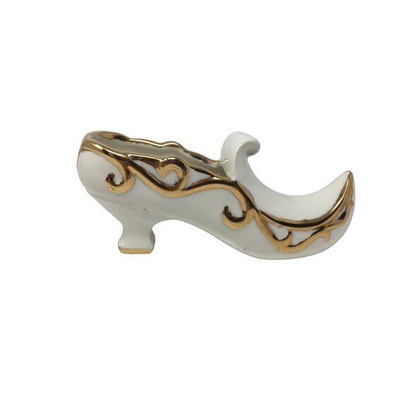 Vintage White Porcelain Shoe with Heel Trimmed in Gold with Curled point - Picture 2 of 9